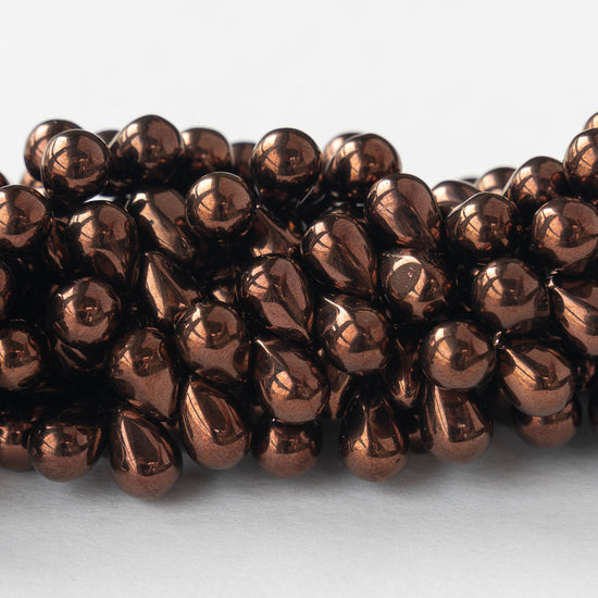 6x8mm Glass Teardrop Beads - Dark Bronze Metallic - 50 Beads