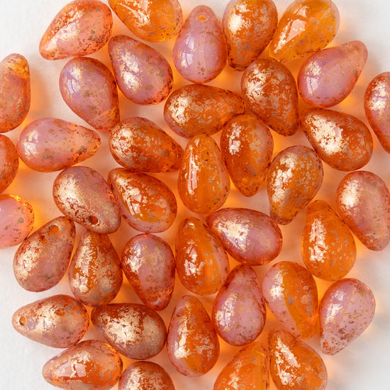 6x9mm Glass Teardrop Beads - Pink and Dark Orange Opaline with Gold Dust - 30 Beads