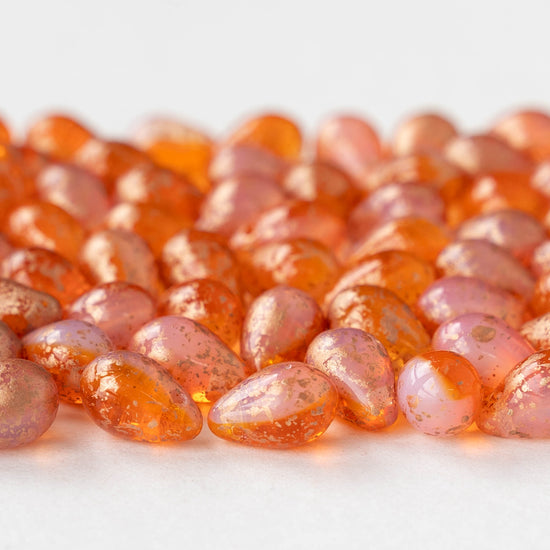 6x9mm Glass Teardrop Beads - Pink and Dark Orange Opaline with Gold Dust - 30 Beads