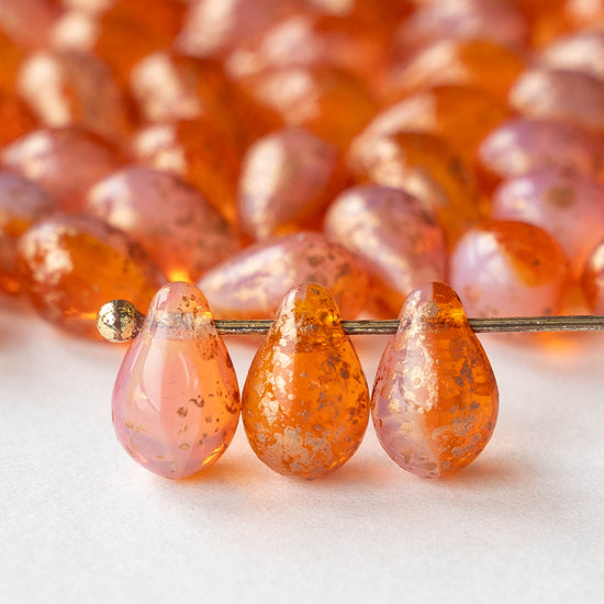 6x9mm Glass Teardrop Beads - Pink and Dark Orange Opaline with Gold Dust - 30 Beads