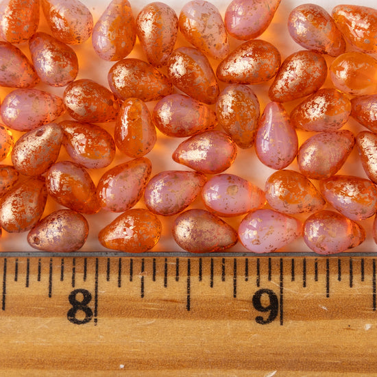 6x9mm Glass Teardrop Beads - Pink and Dark Orange Opaline with Gold Dust - 30 Beads