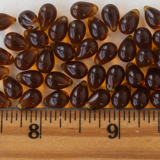 6x9mm Glass Teardrop Beads - Dark Topaz Brown - 50 Beads