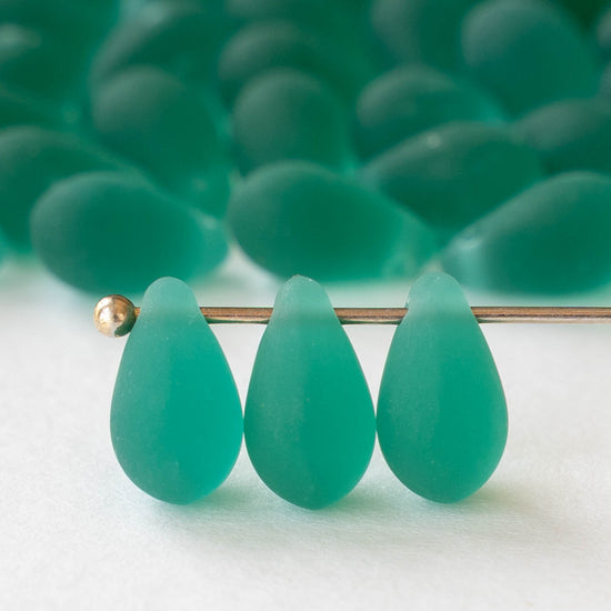 6x9mm Glass Teardrop Beads - Matte Emerald - 50 Beads