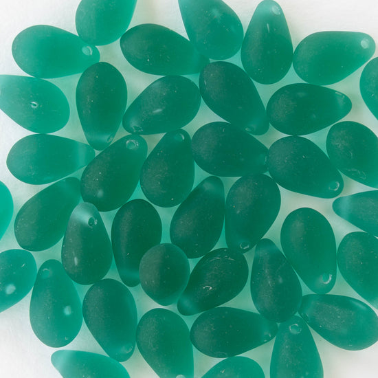 6x9mm Glass Teardrop Beads - Matte Emerald - 50 Beads