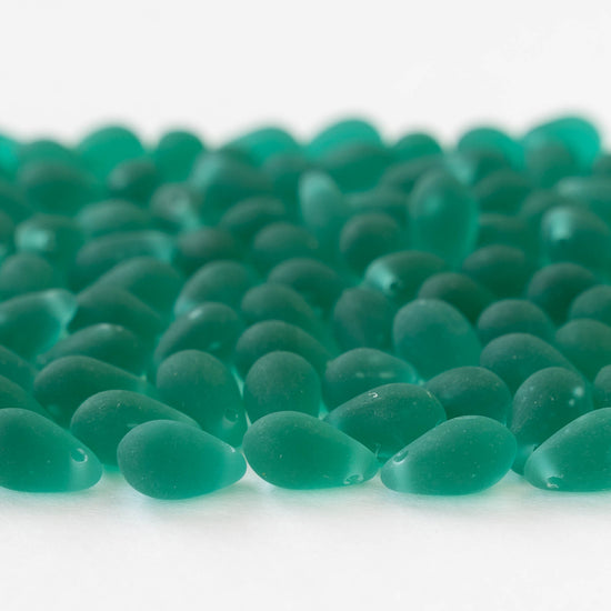 6x9mm Glass Teardrop Beads - Matte Emerald - 50 Beads