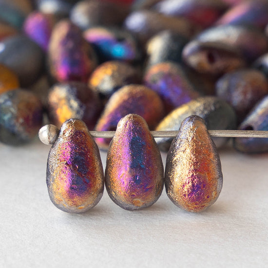 6x9mm Glass Teardrop Beads - Etched Red Marea - 30 Beads