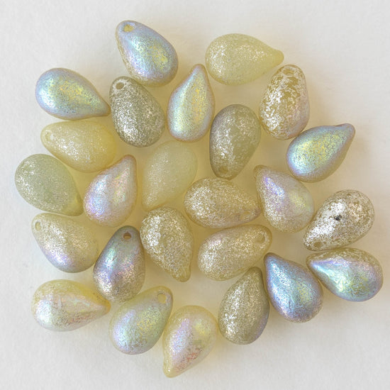 6x9mm Glass Teardrop Beads - Etched Ivory AB - 25 Beads