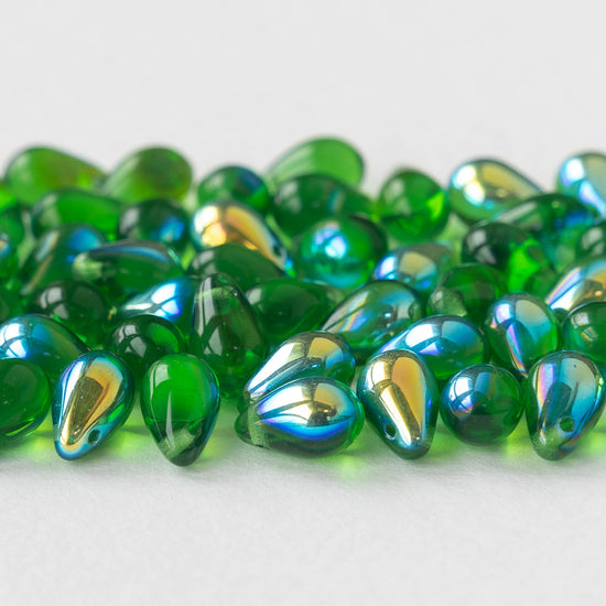 6x9mm Glass Teardrop Beads - Emerald Green AB - 50 Beads