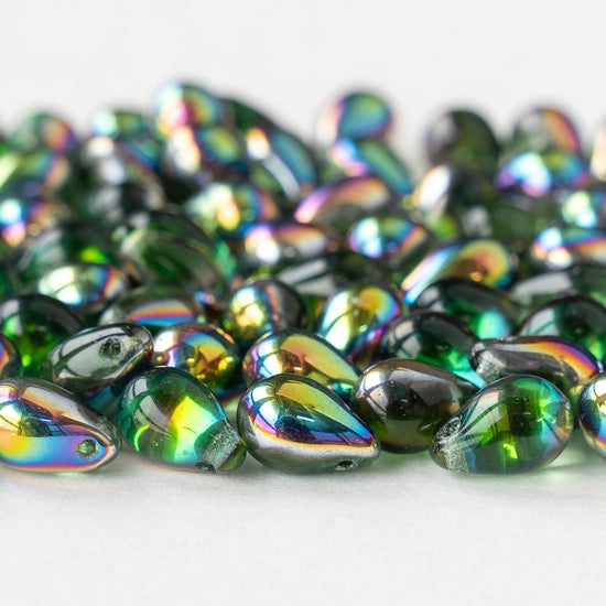 6x9mm Glass Teardrop Beads -Emerald Green with Metallic Rainbow - 30 Beads