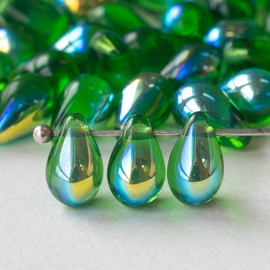 6x9mm Glass Teardrop Beads - Emerald Green AB - 50 Beads