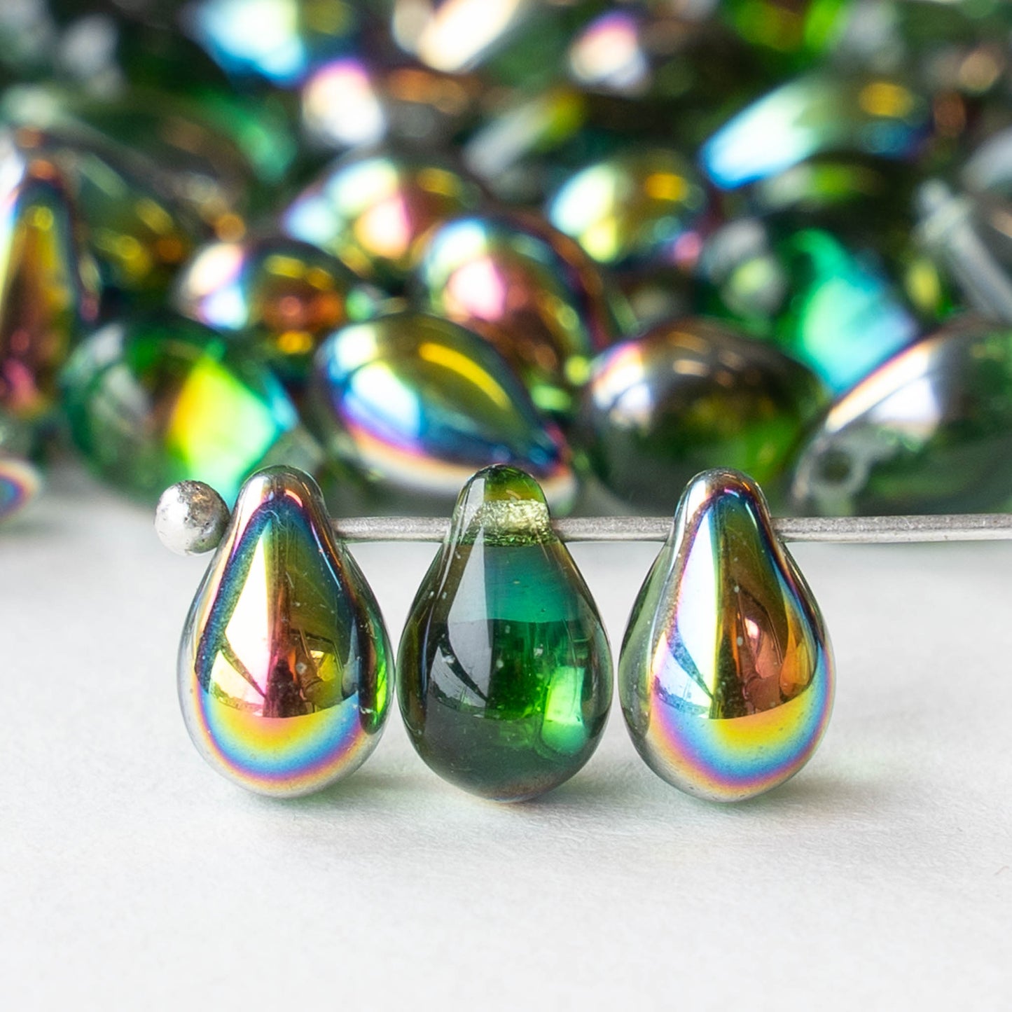 6x9mm Glass Teardrop Beads -Emerald Green with Metallic Rainbow - 30 Beads