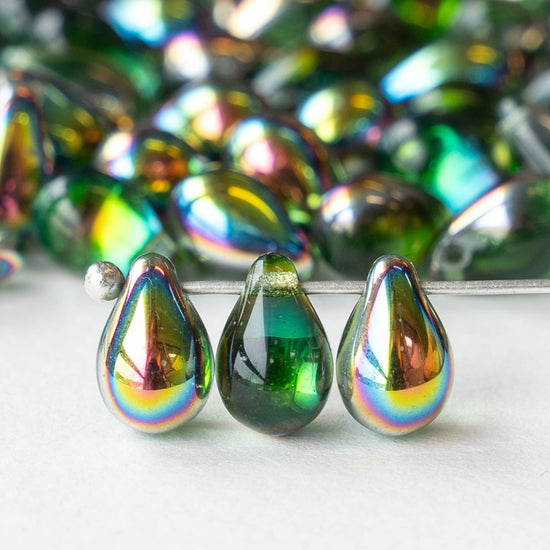 6x9mm Glass Teardrop Beads -Emerald Green with Metallic Rainbow - 30 Beads