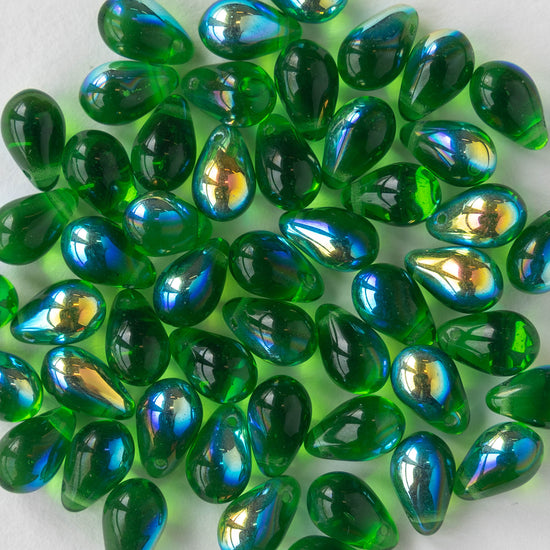 6x9mm Glass Teardrop Beads - Emerald Green AB - 50 Beads