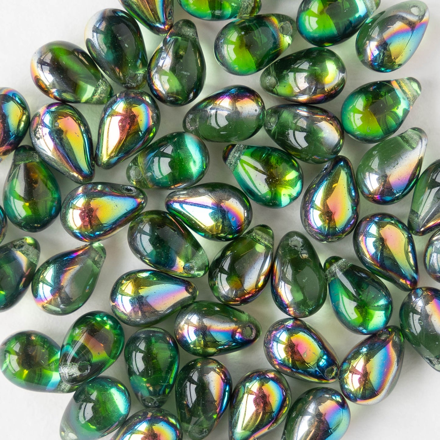 6x9mm Glass Teardrop Beads -Emerald Green with Metallic Rainbow - 30 Beads