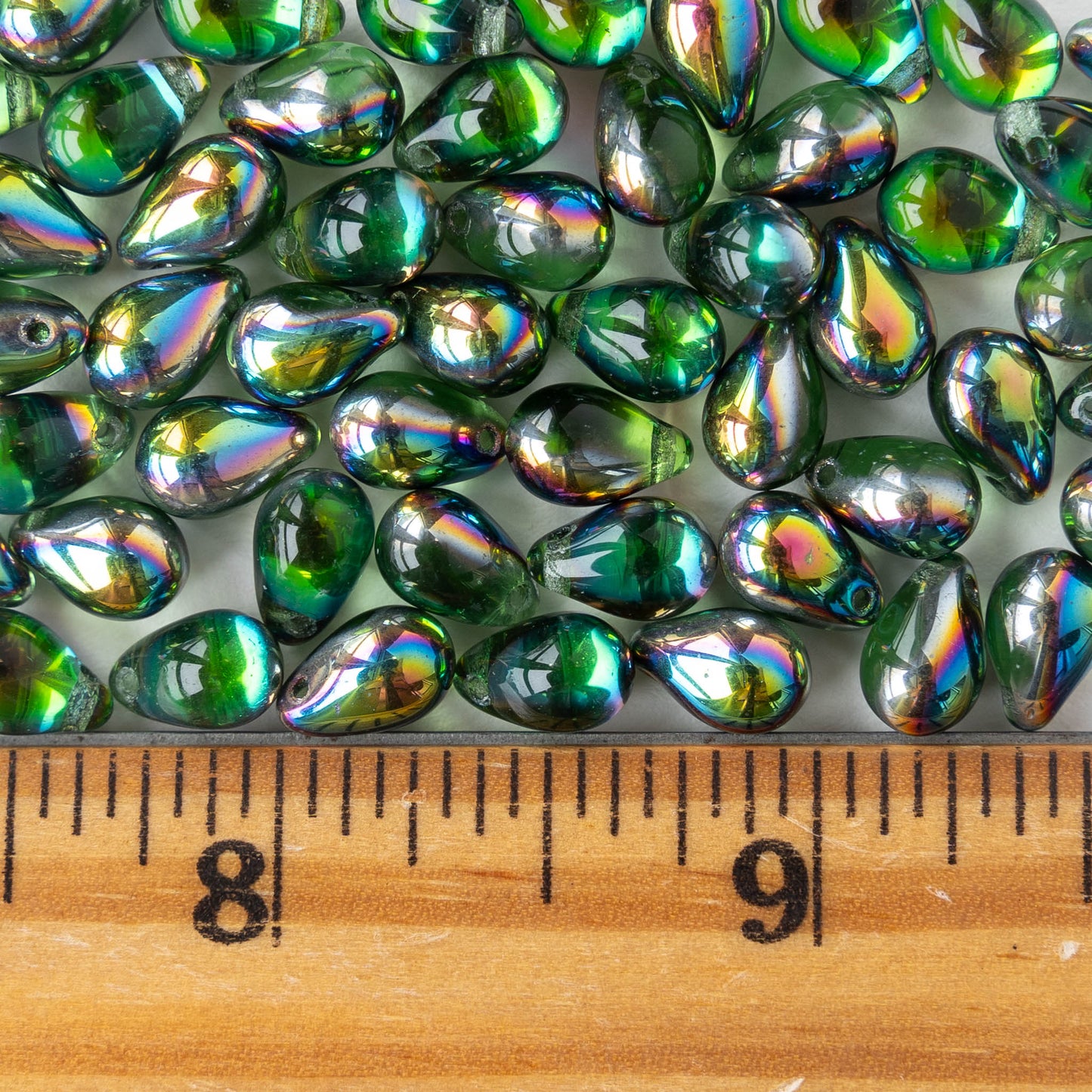 6x9mm Glass Teardrop Beads -Emerald Green with Metallic Rainbow - 30 Beads