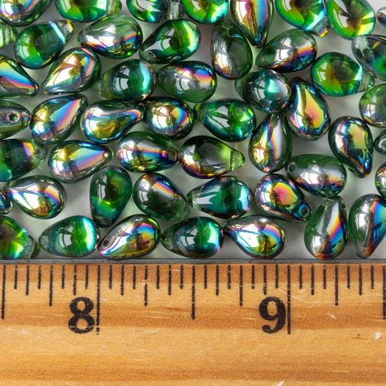 6x9mm Glass Teardrop Beads -Emerald Green with Metallic Rainbow - 30 Beads