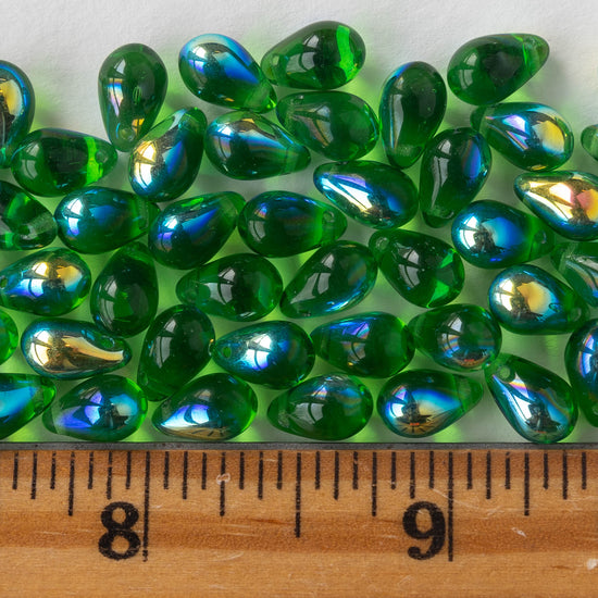 6x9mm Glass Teardrop Beads - Emerald Green AB - 50 Beads