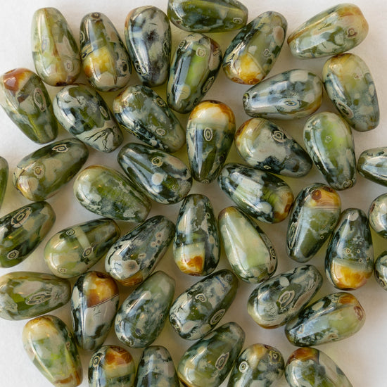 6x9mm Glass Teardrop - Green Amber Picasso - 30 Beads