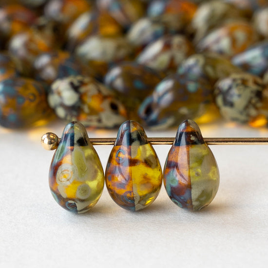 6x9mm Glass Teardrop Beads - Transparent Green Amber Picasso - 12 Beads