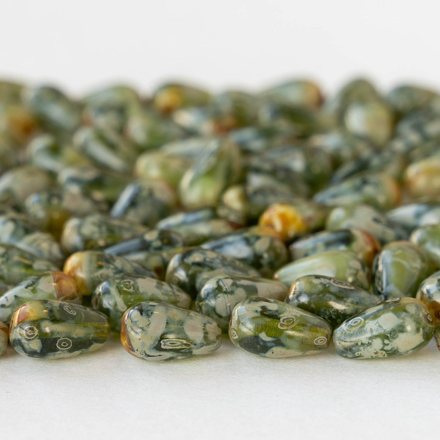 6x9mm Glass Teardrop - Green Amber Picasso - 30 Beads