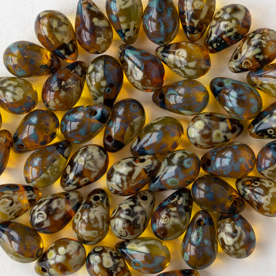 6x9mm Glass Teardrop Beads - Transparent Green Amber Picasso - 12 Beads