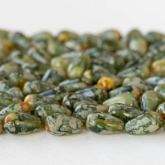 6x9mm Glass Teardrop - Green Amber Picasso - 30 Beads