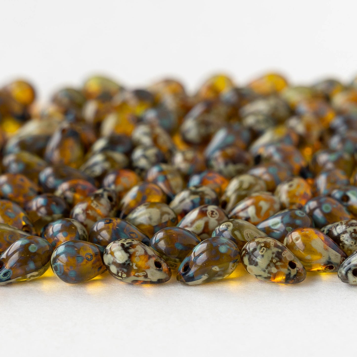 6x9mm Glass Teardrop Beads - Transparent Green Amber Picasso - 12 Beads