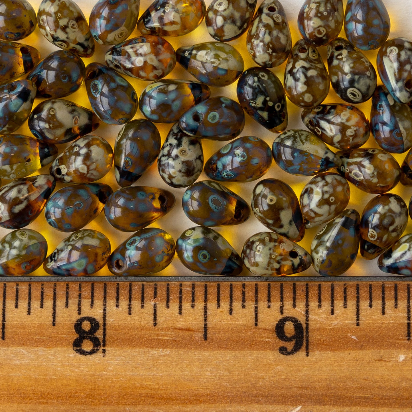 6x9mm Glass Teardrop Beads - Transparent Green Amber Picasso - 12 Beads