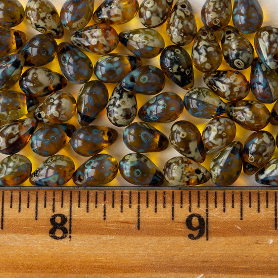 6x9mm Glass Teardrop Beads - Transparent Green Amber Picasso - 12 Beads