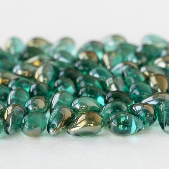 6x9mm Glass Teardrop Beads - Teal Green with Gold - 50 Beads