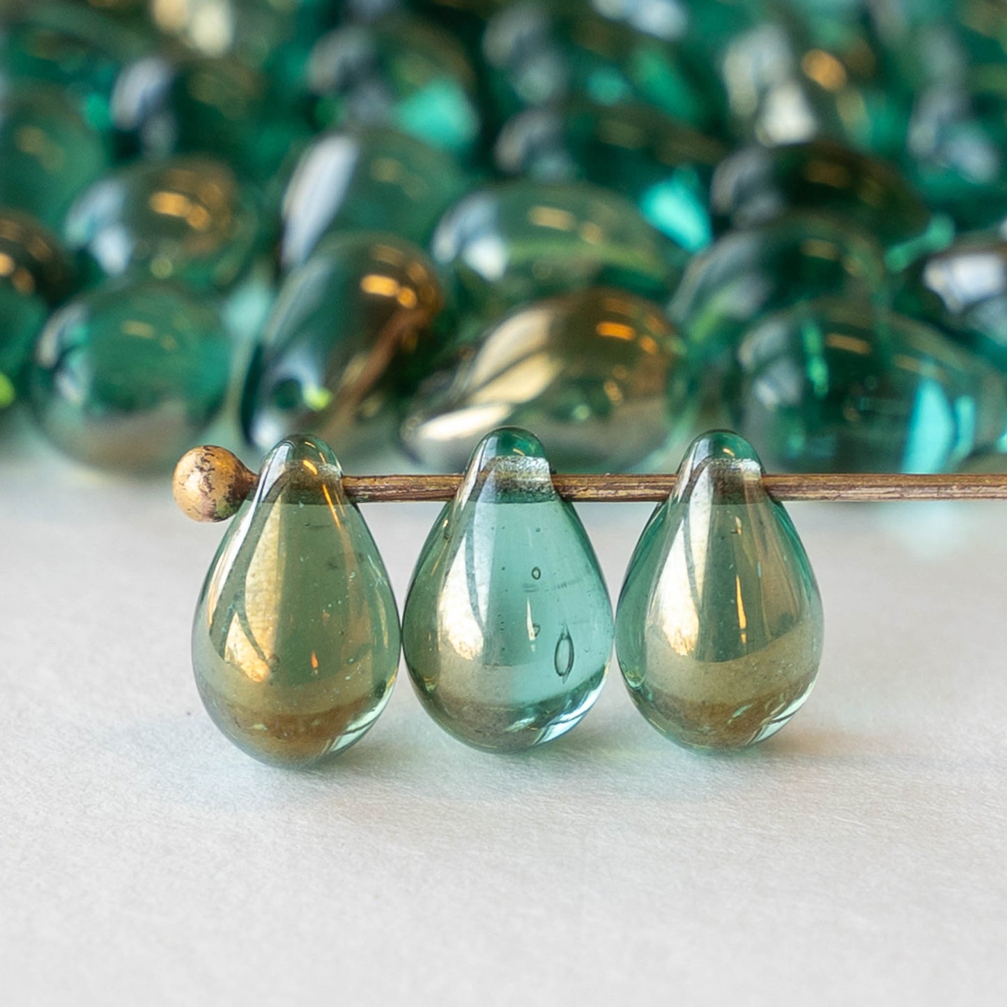 6x9mm Glass Teardrop Beads - Teal Green with Gold - 50 Beads