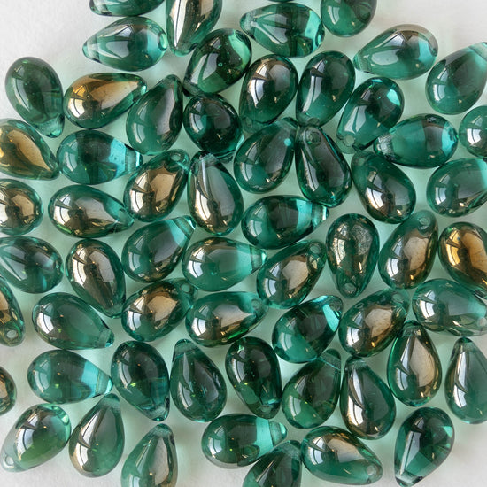 6x9mm Glass Teardrop Beads - Teal Green with Gold - 50 Beads