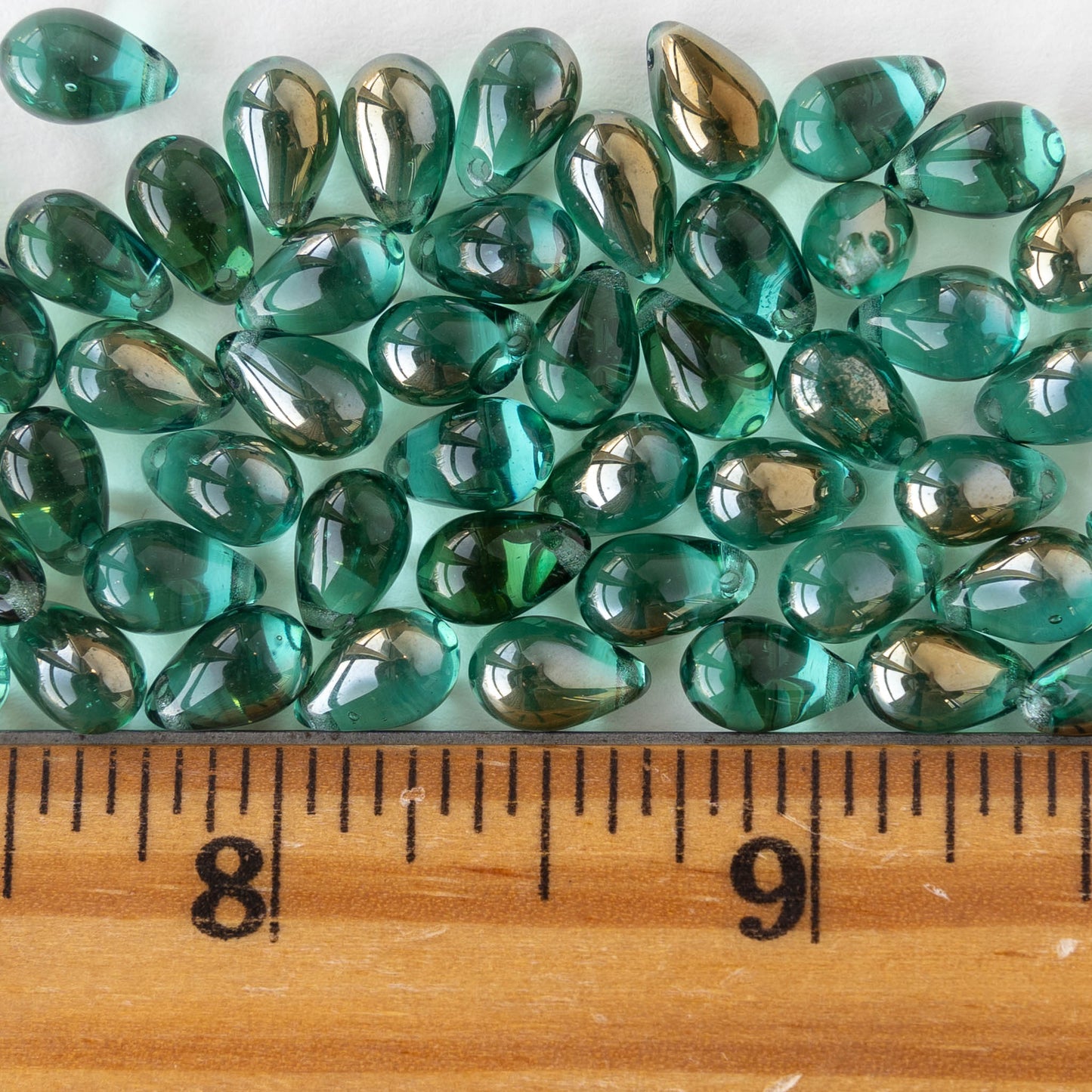 6x9mm Glass Teardrop Beads - Teal Green with Gold - 50 Beads