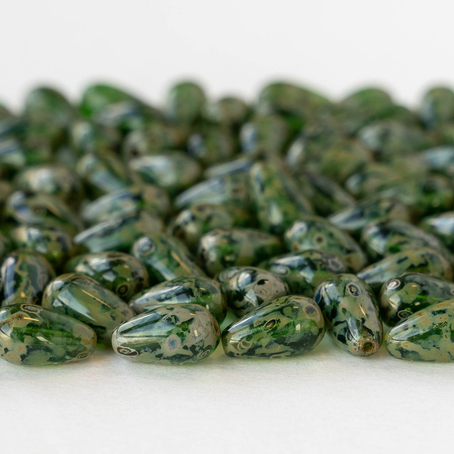 6x9mm Glass Teardrop - Opaque Green Picasso - 30 Beads