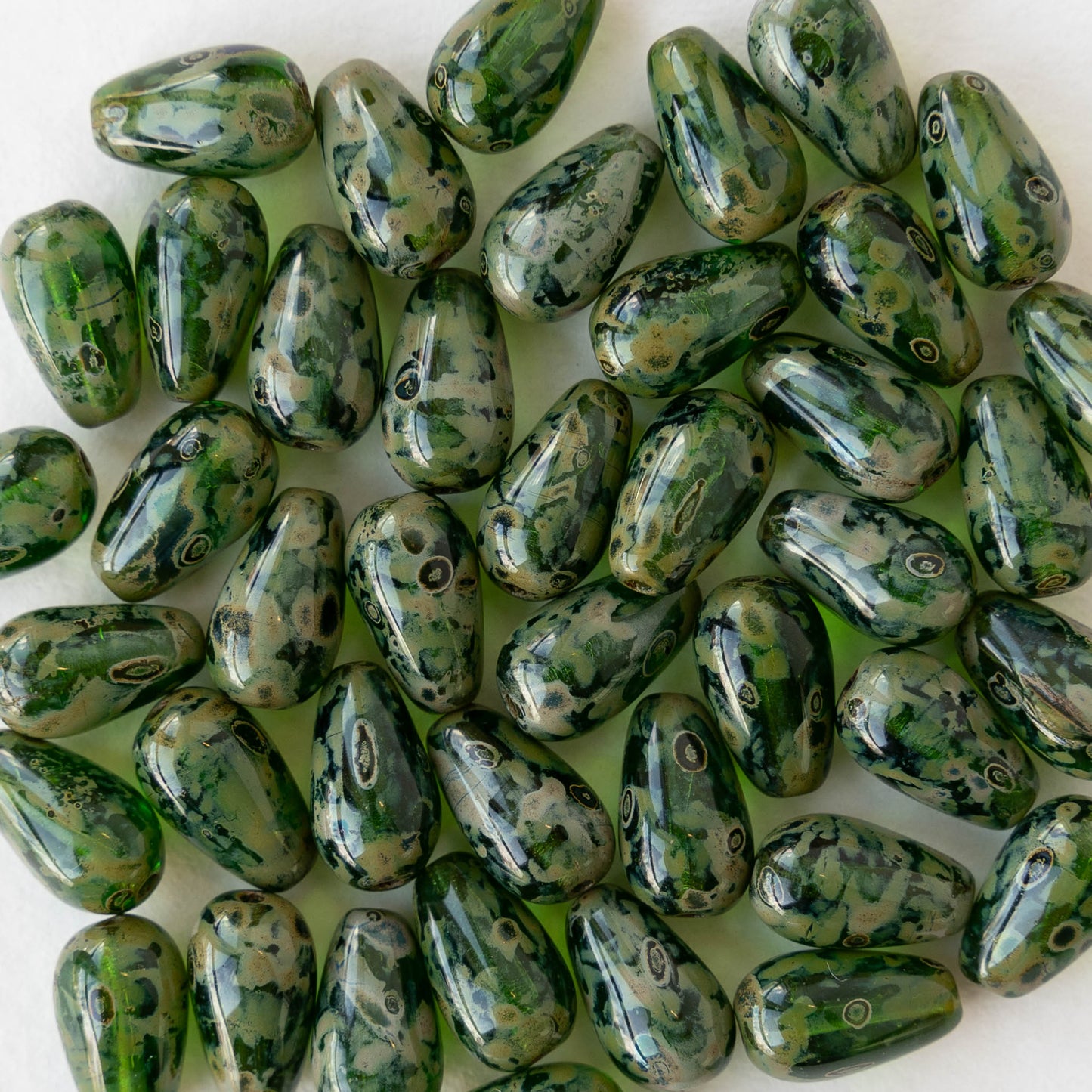 6x9mm Glass Teardrop - Opaque Green Picasso - 30 Beads