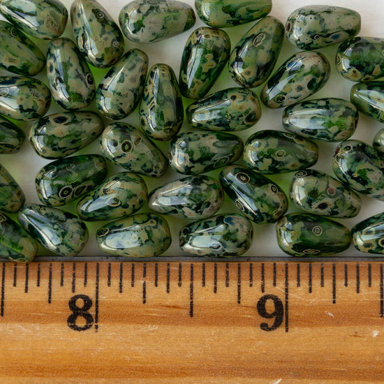 6x9mm Glass Teardrop - Opaque Green Picasso - 30 Beads