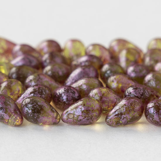 6x9mm Glass Teardrop Beads - Light Peridot with Pink Wash - 50 Beads