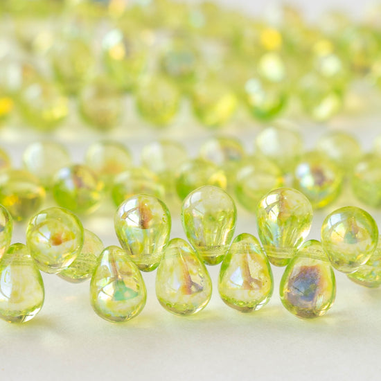 6x9mm Glass Teardrop Beads - Transparent Jonquil AB - 30 Beads