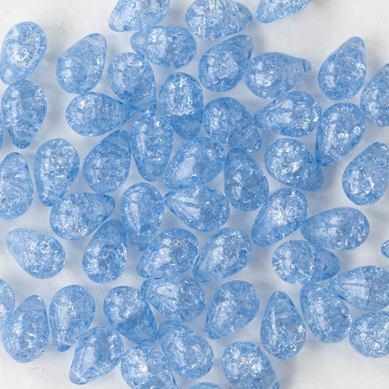 6x9mm Glass Teardrop Beads - Lt Blue Crackle  - 50 Beads