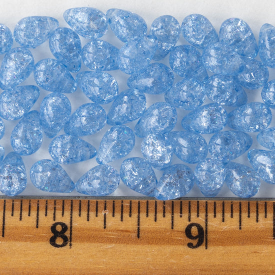 6x9mm Glass Teardrop Beads - Lt Blue Crackle  - 50 Beads