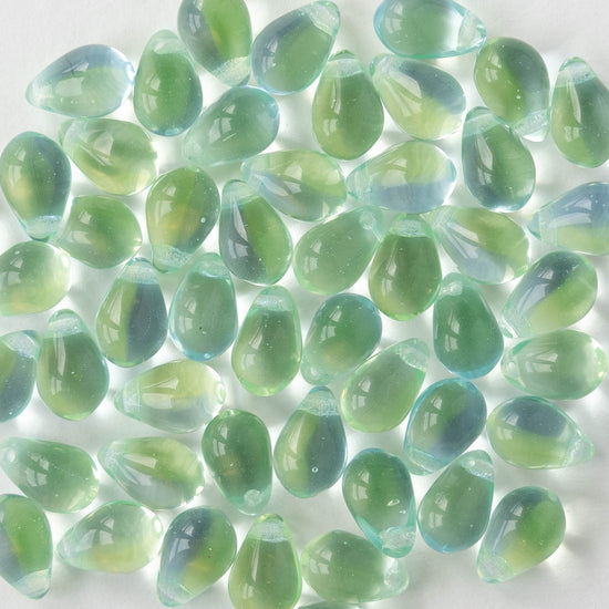 6x9mm Glass Teardrop Beads - Light Blue and Green Mix - 30 Beads