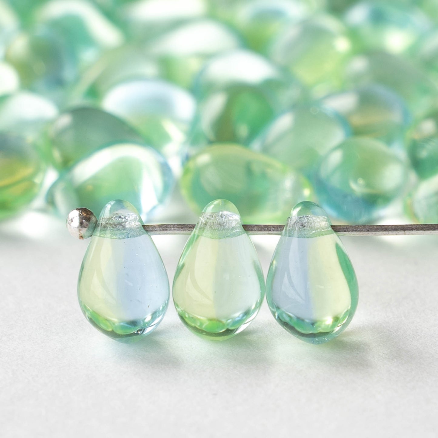 6x9mm Glass Teardrop Beads - Light Blue and Green Mix - 30 Beads