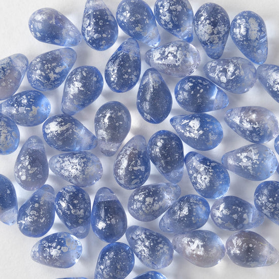 6x9mm Glass Teardrop Beads - Light Sapphire Blue with Silver Dust - 30 Beads