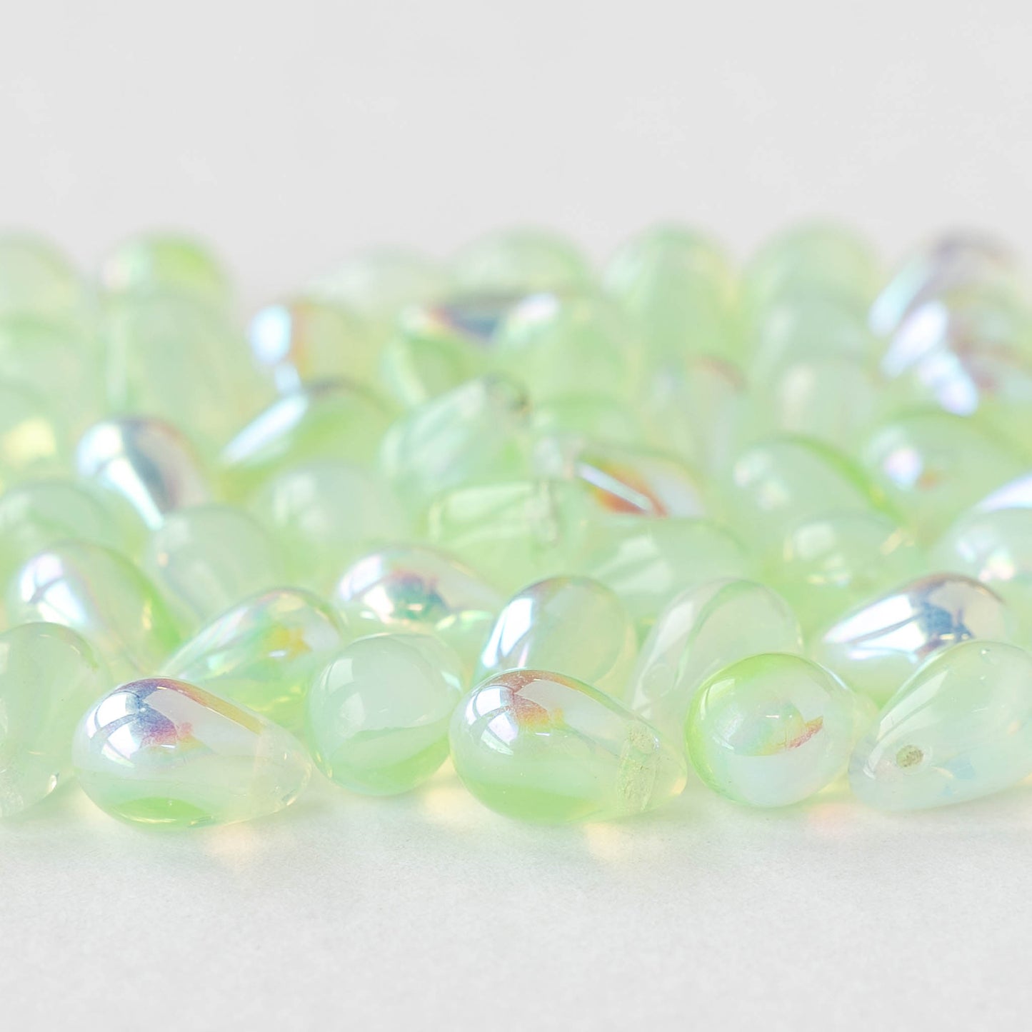 6x9mm Glass Teardrop Beads - Light Mint Green AB - 30 Beads