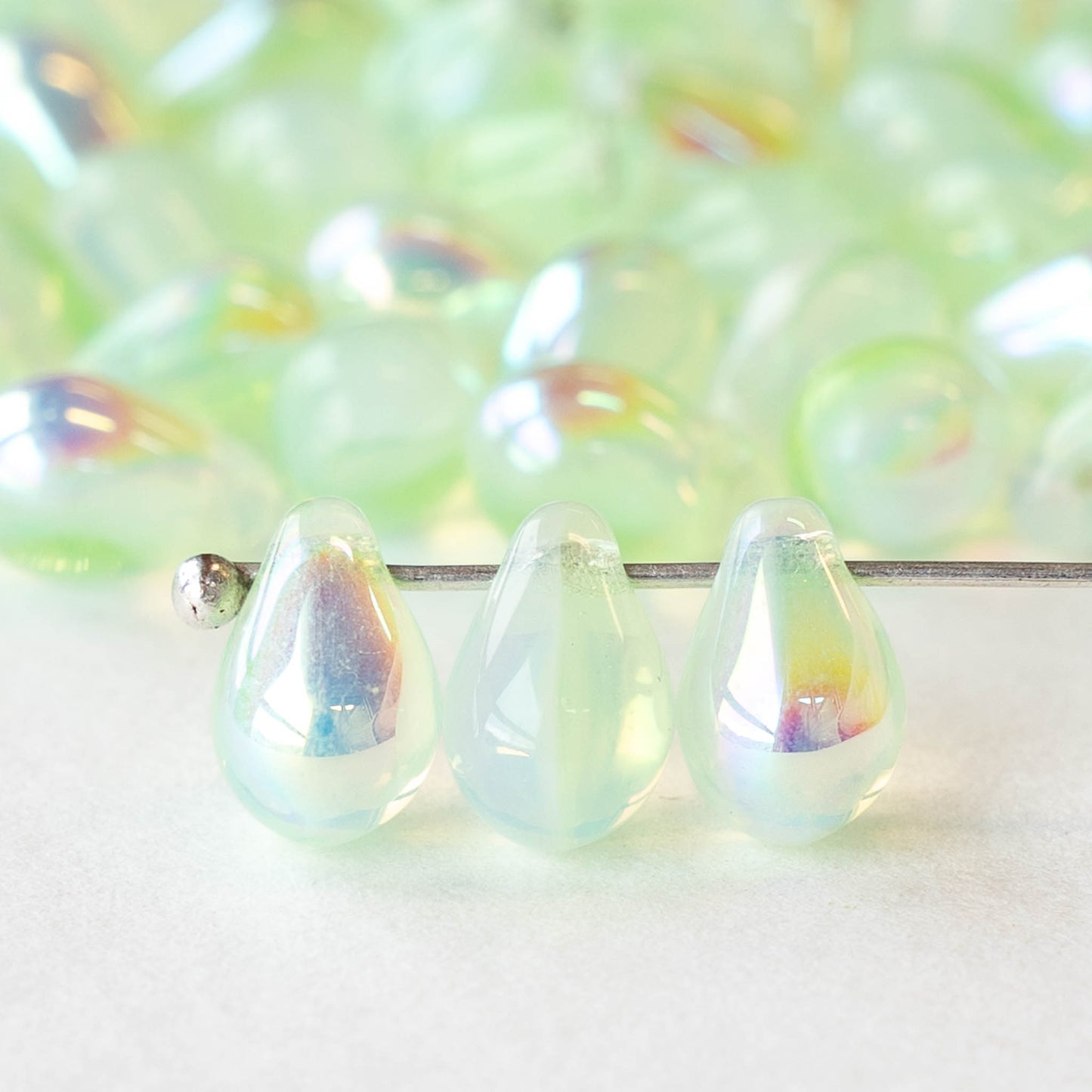 6x9mm Glass Teardrop Beads - Light Mint Green AB - 30 Beads