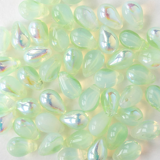 6x9mm Glass Teardrop Beads - Light Mint Green AB - 30 Beads