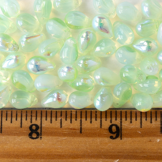 6x9mm Glass Teardrop Beads - Light Mint Green AB - 30 Beads