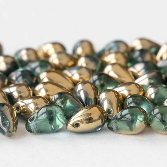 6x9mm Glass Teardrop Beads - Light Green with Gold - 30 Beads