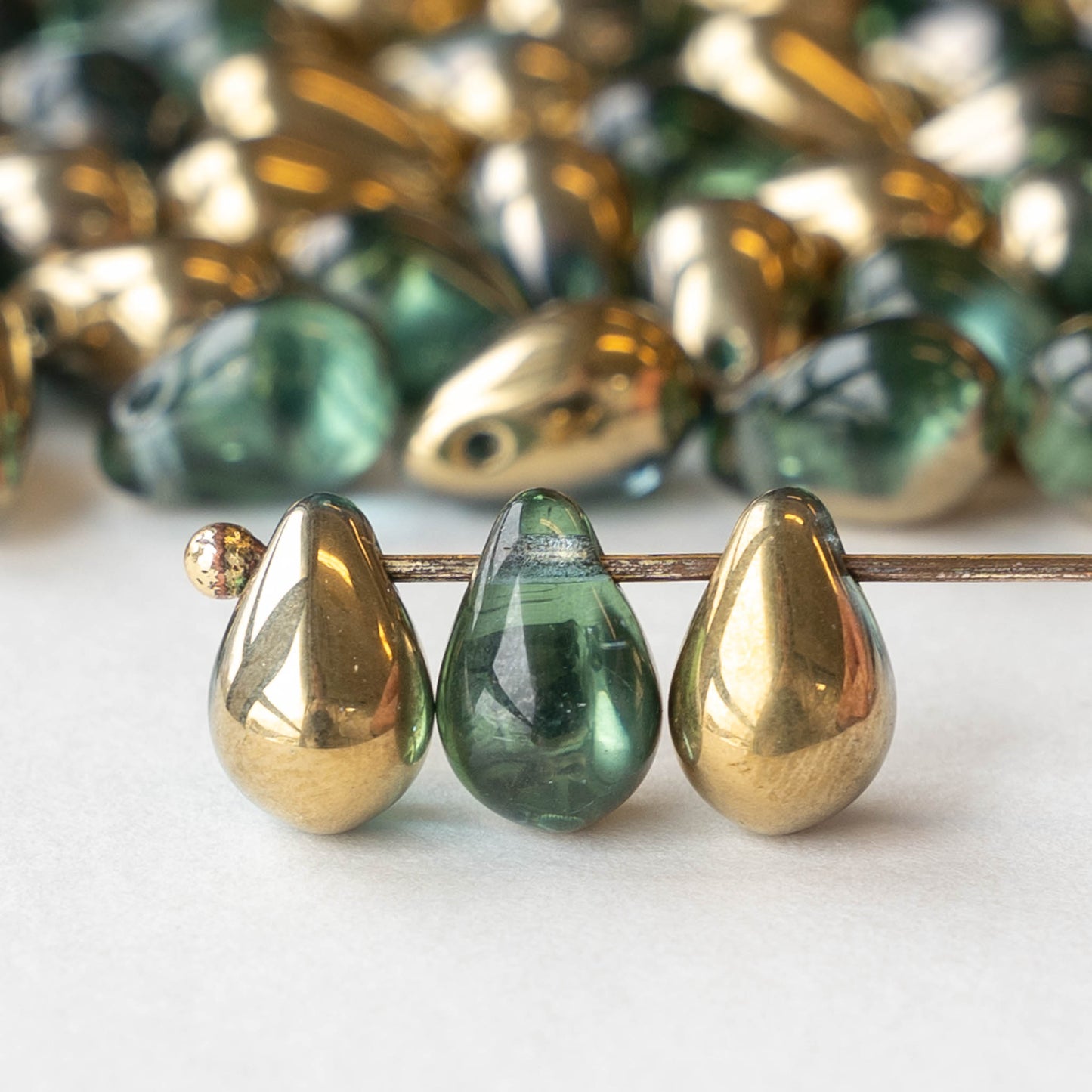 6x9mm Glass Teardrop Beads - Light Green with Gold - 30 Beads