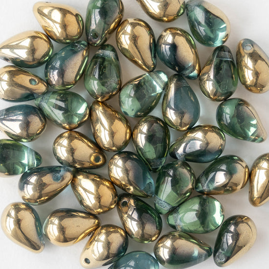 6x9mm Glass Teardrop Beads - Light Green with Gold - 30 Beads